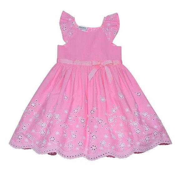 Blueberi Boulevard Baby Girls Floral Eyelet Trim Belted Dress Pink 6-9 Months - Picture 1 of 4